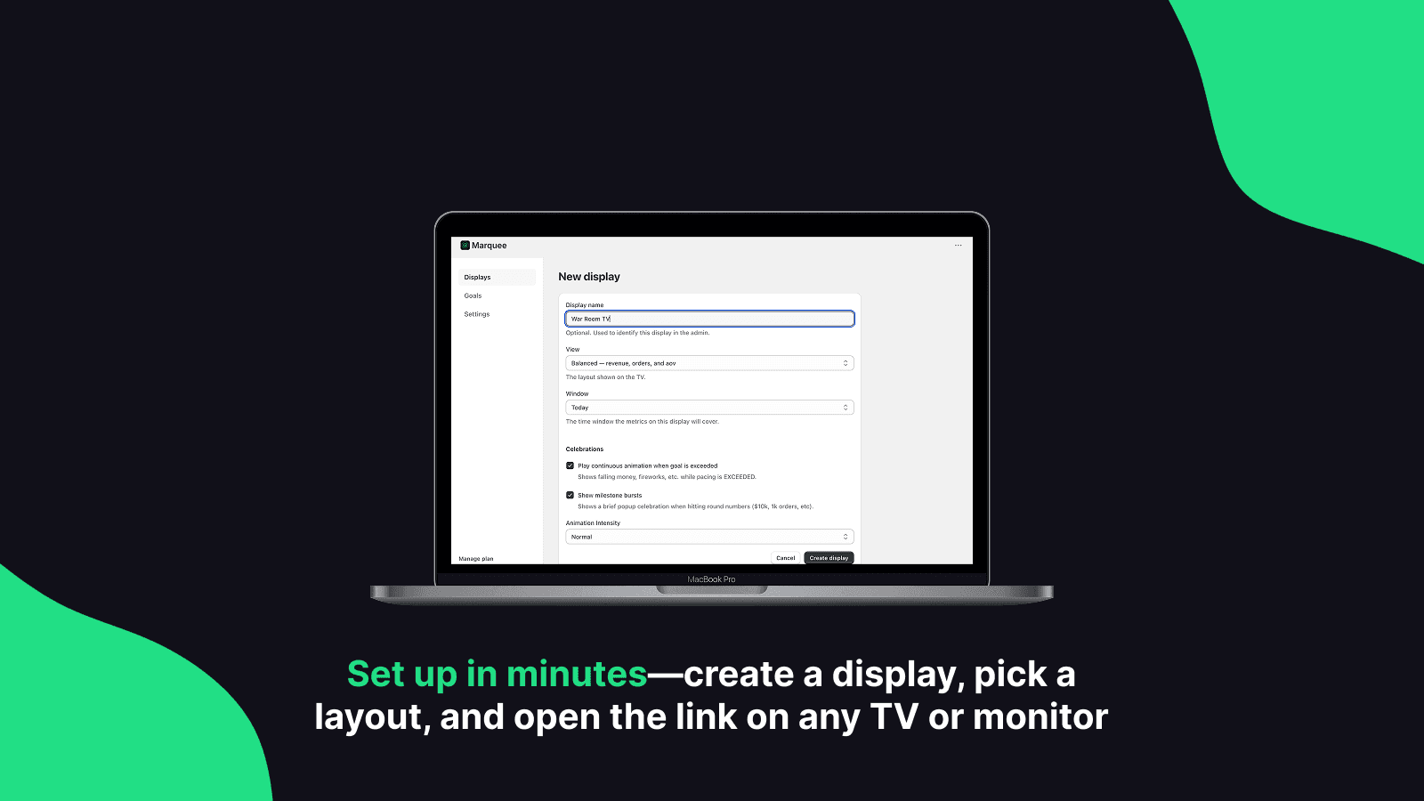 Creating a Marquee display in the Shopify admin: name it, pick a layout, and get a link